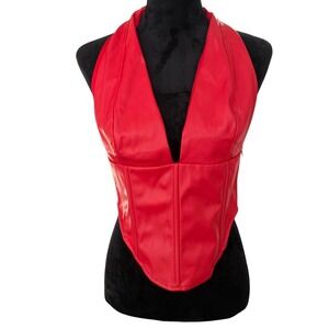 No Vacancy Red Faux Leather Sexy Festival Deep V-Neck Backless Halter Top L